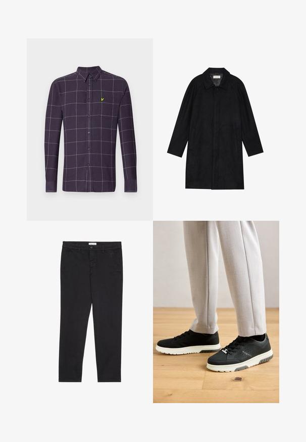 Čierny kabát vyrobený z jemnej, textúrovanej látky. Má golier, raglánové rukávy, bočné vrecká a zapínanie na prednej strane na gombíky.; Tmavofialová košeľa s dlhým rukávom na gombíky so sieťovým vzorom v bielej a šedej farbe. Na vrecku na hrudi sa nachádza malý zelený emblem.; Čierne bavlnené nohavice so štíhlym strihom, vybavené dvoma bočnými vreckami a predným zapínaním na gombík. Textúrovaná tkanina s jemným detailovaním.; Nohy v svetlo béžových nohaviciach a čiernych teniskách Bugatti s bielymi podrážkami stoja na drevenej podlahe.
