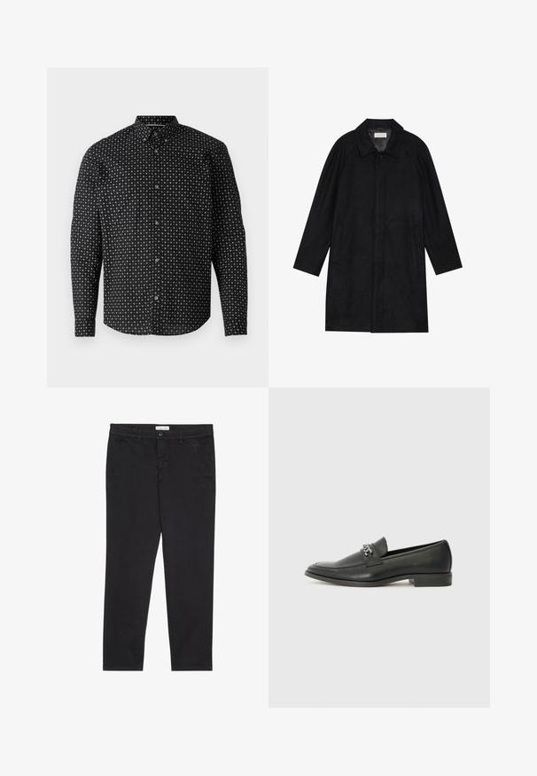 Črn plašč, izdelan iz mehkega, strukturiranega blaga. Ima ovratnik, raglan rokave, stranske žepe in sprednje zapiranje na gumbe.; Črna srajca z gumbi, ki ima vzorčasto zasnovo belih križev. Ima dolge rokave, ovratnik in zlate gumbe.; Črne bombažne hlače s slim fit krojem, z dvema stranskima žepoma in sprednjim gumbom za zapiranje. Teksturirano blago z nežnimi detajli.; Črni usnjeni loafer z gladko površino, ki ima šivano zasnovo in dekorativni kovinski verižni naglas preko vampirja. Ravno peto.