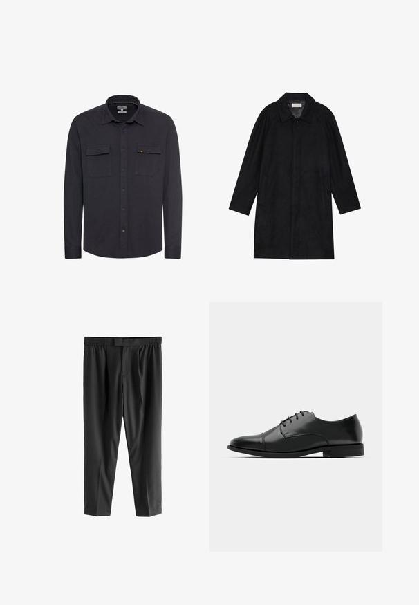 Sort frakke lavet af blød, struktureret stof. Har en krave, raglanærmer, sidelommer og en frontknaplukning.; Mørkeblå skjorte med struktureret stof, knaplukning foran, krave og to brystlommer. Har et lille logo på den venstre lomme.; Next REGULAR FIT -CHECK SMART - Chino - black; Sort læder dress-sko med rund tå, snørebåndsdesign, diskrete syninger og lav hæl. Glat tekstur med poleret finish.