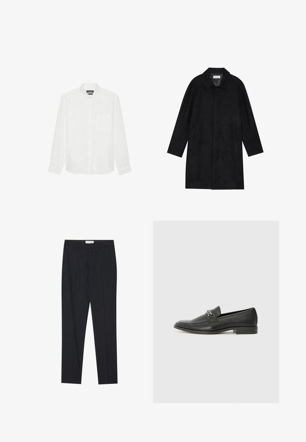Černý kabát vyrobený z měkké, strukturované tkaniny. Má límec, raglánové rukávy, boční kapsy a přední zapínání na knoflíky.; Bílá košile s dlouhým rukávem vyrobená z lnu, s límečkem na knoflíky, přední kapsou a knoflíkovým zapínáním na přední straně. Texturovaná tkanina.; Černé saka s plochým předním dílem, klasického střihu, vyrobené z hladké látky, s přitlačenými sklady a bočními kapsami.; Černé kožené mokasíny s hladkým povrchem, s prošívaným designem a dekoračním kovovým řetízkem přes nárt. Plochý podpatek.