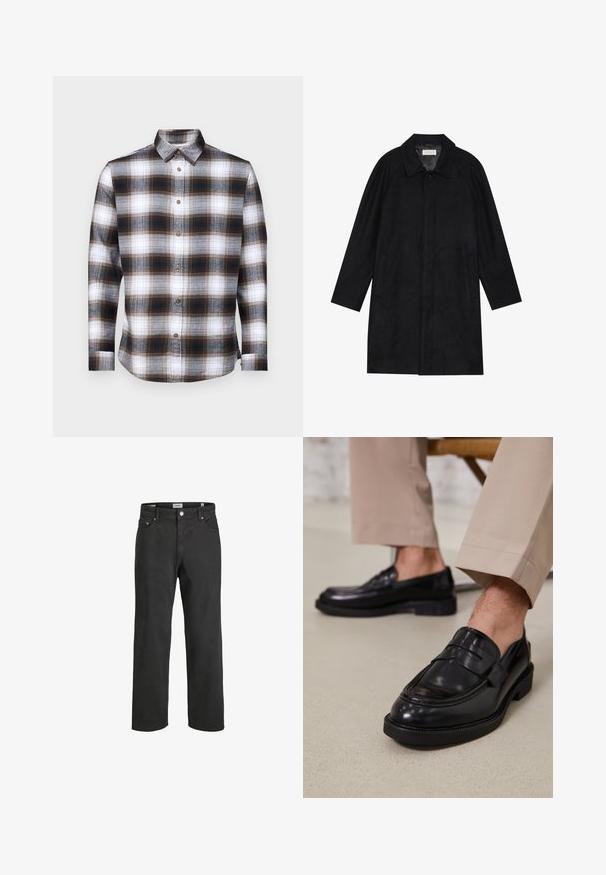 Fekete kabát puha, texturált anyagból készült. Gallérral, raglán ujjal, oldalsó zsebekkel és elülső gombos záródással rendelkezik.; Hosszú ujjú kockás ing barna, fekete és fehér színekben, gombos gallérral és barna gombokkal, puha anyagból.; Fekete egyenes szabású farmernadrág, pamutból készült, klasszikus öt zsebes dizájnnal, gombos záródással és visszafogott varrási részletekkel.; Fekete bőr loaferek sima felülettel, díszítő pánttal és kontrasztos varrással, bézs nadrággal párosítva.