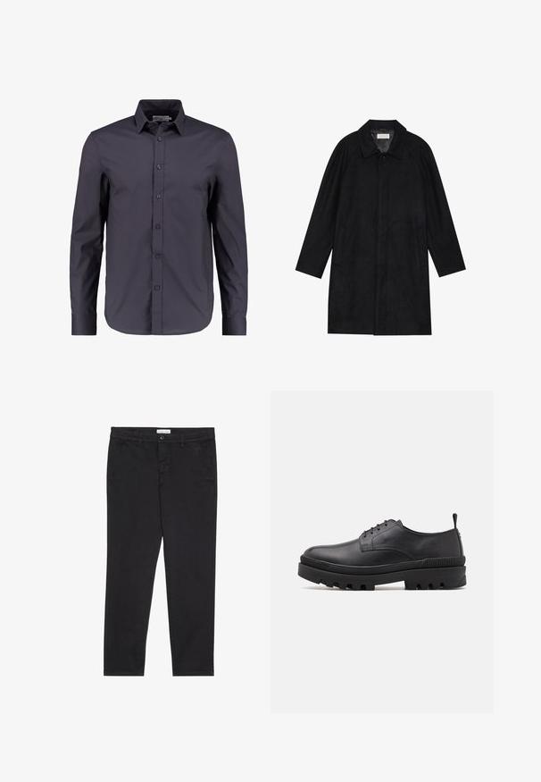 Svart frakk laget av myk, teksturert stoff. Har krage, raglanermer, sidelommer og forsterket knappelukking foran.; Mørk marineblå langermet skjorte laget av glatt bomull, med knappestolpe foran, klassisk krage og en skreddersydd passform.; Sorte bomullbukser med smal passform, med to sidelommer og knappelukking foran. Teksturert stoff med subtile detaljer.; Svart lærsko med rund tå, snøring og kraftig gummisåle. Har en trekkring på hælen og teksturerte detaljer.