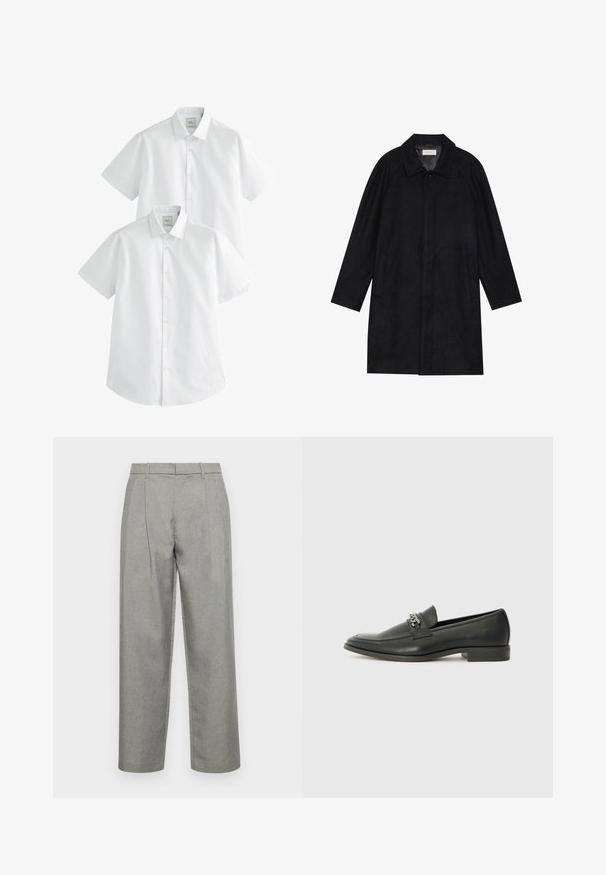 Čierny kabát vyrobený z jemnej, textúrovanej látky. Má golier, raglánové rukávy, bočné vrecká a zapínanie na prednej strane na gombíky.; Biele tričká s krátkym rukávom v balení po dvoch, s golierom na gombíky a hladkým bavlneným materiálom, navrhnuté na casual nosenie.; Sivé upravené nohavice z textúrovanej tkaniny, so strihom s rovnými nohavicami, prednými záhybmi a štandardným pásom s pútkami na opasok.; Čierne kožené loafers s hladkým povrchom, s prešitým dizajnom a dekoratívnym kovovým reťazovým akcentom cez priehlavok. Plochý podpätok.