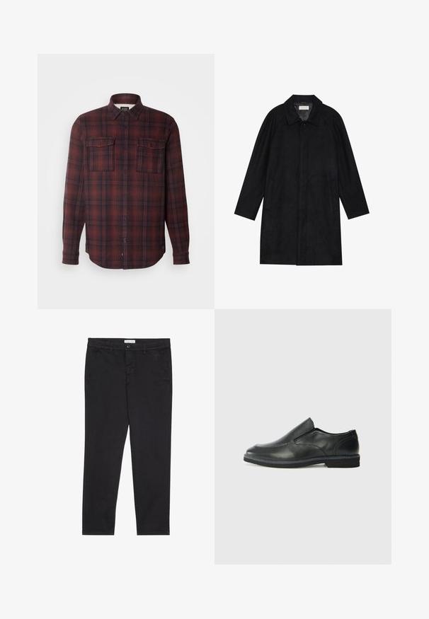 Crni kaput izrađen od mekog, teksturiranog materijala. Ima ovratnik, raglan rukave, bočne džepove i prednje dugme za zatvaranje.; Crvena i crna karirana flanelna košulja s ovratnikom na tipku, dva džepa na prsima i dugim rukavima. Ima opušteni kroj i zakrivljen rub.; Crne pamučne hlače uskog kroja, s dva bočna džepa i prednjim zatvaranjem na dugme. Teksturirana tkanina s suptilnim detaljima.; Crne kožne cipele na sklapanje s glatkom gornjom površinom, prošivenim detaljima, zaobljenim vrhom i niskim gumene potplate. Potplat ima minimalne uzorke.