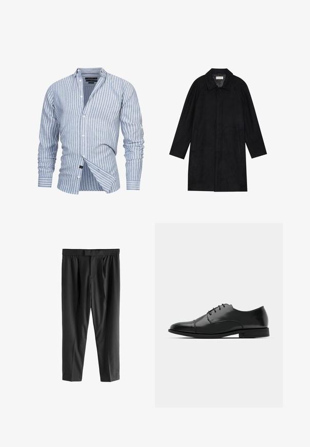 Čierny kabát vyrobený z jemnej, textúrovanej látky. Má golier, raglánové rukávy, bočné vrecká a zapínanie na prednej strane na gombíky.; Svetlomodrá pruhovaná košeľa z látky s vertikálnymi bielymi pruhmi. Obsahuje golier na zapínanie a dlhé rukávy s gombíkovými manžetami.; Next REGULAR FIT -CHECK SMART - Nohavice chinos - black; Čierne kožené spoločenské topánky s okrúhlou špičkou, šnurovací dizajn, jemné prešívanie a nízky podpätok. Hladká štruktúra s lesklým povrchom.