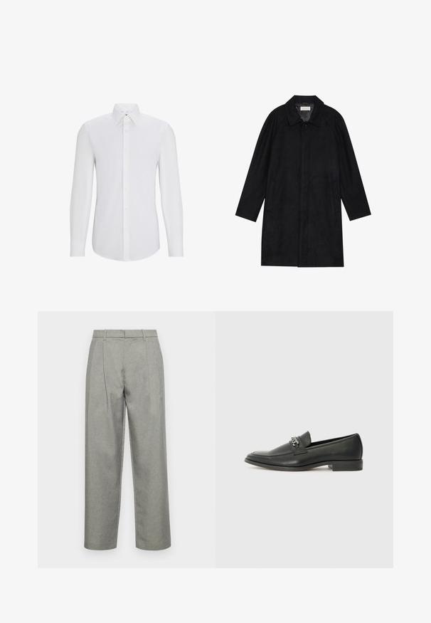 Juodas paltas, pagamintas iš minkštos, tekstūruotos medžiagos. Su apykakle, raglan rankovėmis, šoninėmis kišenėmis ir priekinėmis mygtukų uždarymo detalėmis.; Balta ilgomis rankovėmis marškiniai su smailiu apykakle, priekyje su sagomis, lygaus paviršiaus ir pritaikyta siluetu. Nepastebimi raštai ar akcentai.; Pilkos pritaikytos kelnės, pagamintos iš tekstūruoto audinio, su tiesiais keliamos dizainu, priekinėmis klostėmis ir standartiniu juosmeniu su diržo kilpomis.; Juodos odinės loafer tipo bateliai su lygiu paviršiumi, turintys siuvinėtą dizainą ir dekoratyvų metalo grandinėlės akcentą ant batų viršaus. Plokščias kulnas.