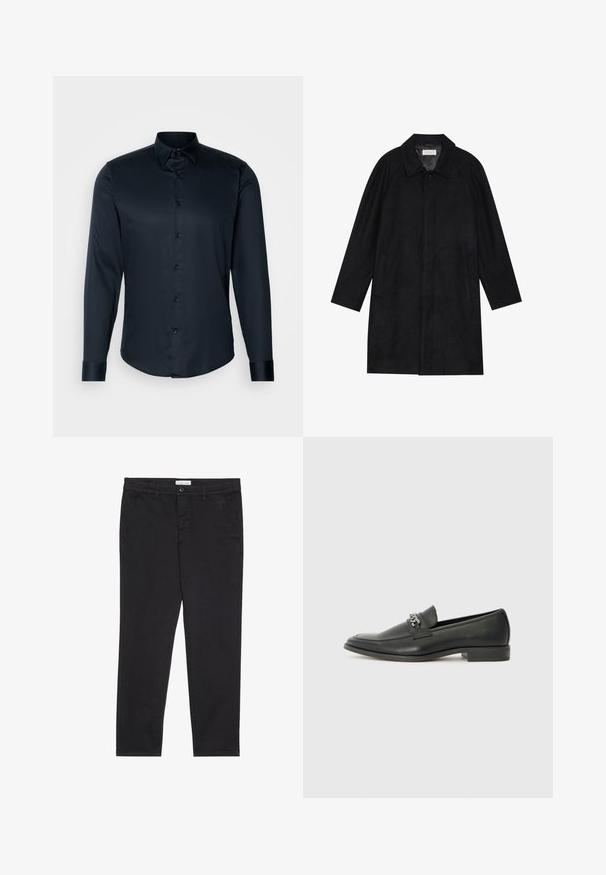 Crni kaput izrađen od mekog, teksturiranog materijala. Ima ovratnik, raglan rukave, bočne džepove i prednje dugme za zatvaranje.; Lindbergh PLAIN - Majica - navy; Crne pamučne hlače uskog kroja, s dva bočna džepa i prednjim zatvaranjem na dugme. Teksturirana tkanina s suptilnim detaljima.; Crna kožna loafer cipela s glatkom finišem, s ušivenim uzorkom i dekorativnim metalnim lancem preko prednjeg dijela. Ravni potplat.