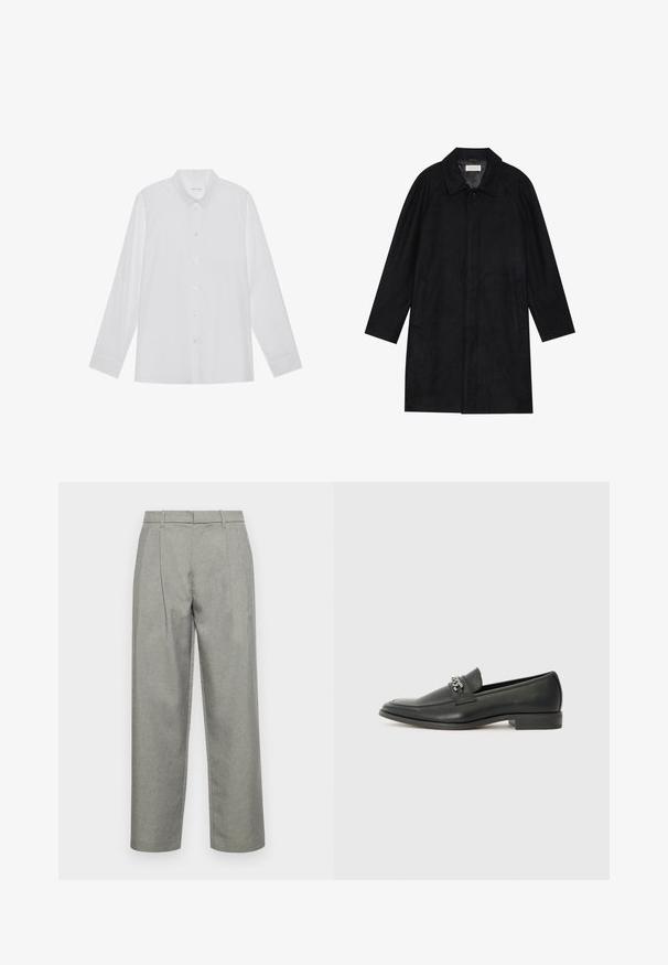 Juodas paltas, pagamintas iš minkštos, tekstūruotos medžiagos. Su apykakle, raglan rankovėmis, šoninėmis kišenėmis ir priekinėmis mygtukų uždarymo detalėmis.; Baltas ilgomis rankovėmis marškiniai, pagaminti iš lygios medžiagos, su smailiu apykakle, priekiniais mygtukais ir vieno mygtuko rankogaliais.; Pilkos pritaikytos kelnės, pagamintos iš tekstūruoto audinio, su tiesiais keliamos dizainu, priekinėmis klostėmis ir standartiniu juosmeniu su diržo kilpomis.; Juodos odinės loafer tipo bateliai su lygiu paviršiumi, turintys siuvinėtą dizainą ir dekoratyvų metalo grandinėlės akcentą ant batų viršaus. Plokščias kulnas.