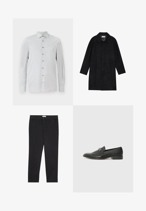 Sort frakke lavet af blød, struktureret stof. Har en krave, raglanærmer, sidelommer og en frontknaplukning.; Hvid skjorte med lange ærmer, små sorte geometriske mønstre, grønne knapper og spids krave. Regular fit med knapmanchetter.; Sorte bomuldsbukser med slim fit, der har to sidelommer og en knappelukning foran. Tekstureret stof med subtil detaljer.; Sorte læder loafers med en glat finish, der har et syet design og et dekorativt metal kædeaccent hen over vamps. Flad hæl.