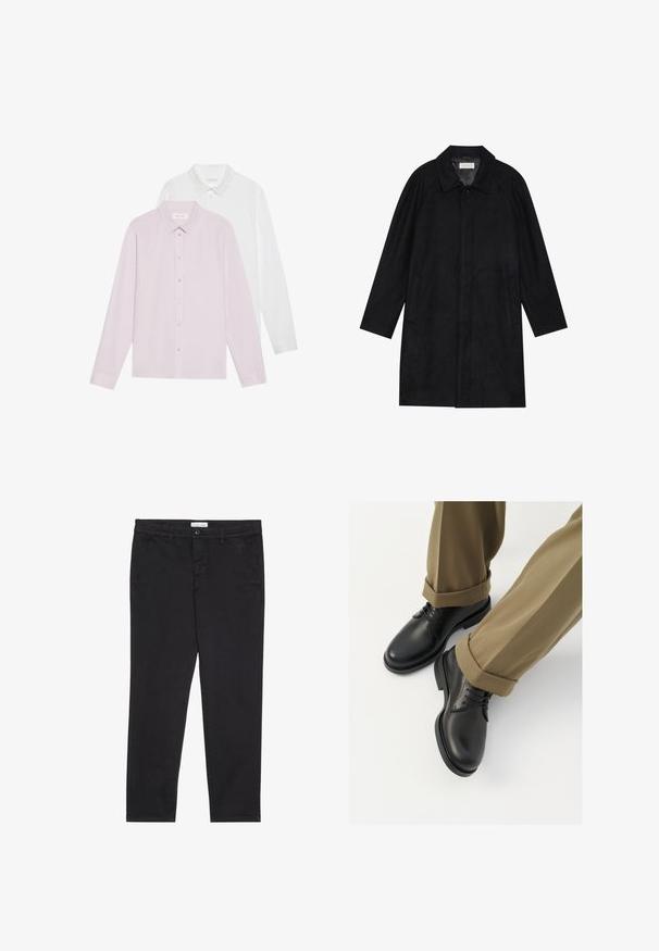 Crni kaput izrađen od mekog, teksturiranog materijala. Ima ovratnik, raglan rukave, bočne džepove i prednje dugme za zatvaranje.; Dvoje dugih rukava: jedan svijetlo ružičasti, drugi bijeli. Oboje imaju oštro ovratnik i dugmadi. Glatka tkanina bez uzoraka.; Crne pamučne hlače uskog kroja, s dva bočna džepa i prednjim zatvaranjem na dugme. Teksturirana tkanina s suptilnim detaljima.; Crne kožne cipele s glatkom površinom, s vezicama i zaobljenim vrhom, uparene s podignutim kaki hlačama.