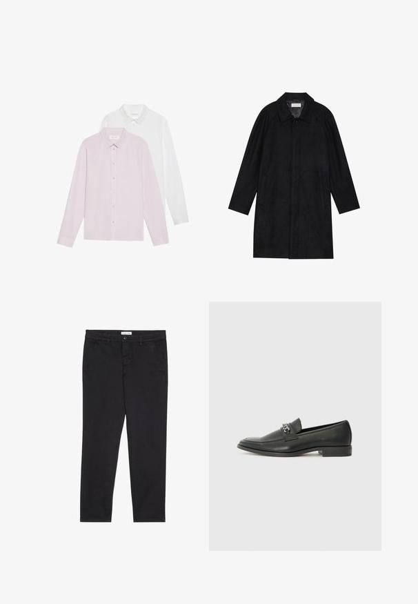Geacă neagră dintr-un material moale și texturat. Dispune de un guler, mâneci raglan, buzunare laterale și închidere cu nasture în față.; Două cămăși cu mânecă lungă: una roz deschis, cealaltă albă. Ambele au guler ascuțit și închidere cu nasturi. Material neted, fără modele.; Pantaloni din bumbac negri cu o croială slim, având două buzunare laterale și închidere frontală cu buton. Material texturat cu detalii subtile.; Pantofii negri din piele cu un finisaj neted, având un design cusut și un accent decorativ de lanț metalic peste partea de sus. Toc plat.