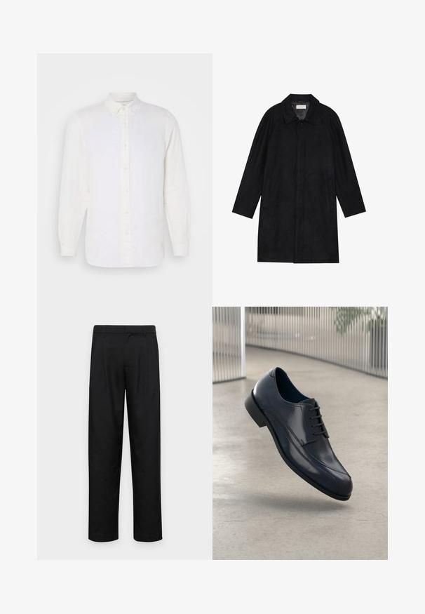 Manteau noir en tissu doux et texturé. Présente un col, des manches raglan, des poches latérales et une fermeture à boutons sur le devant.; Chemise blanche en lin à manches longues avec col boutonné, dotée d'une patte de boutonnage à l'avant et de boutons beiges, texture lisse et coupe décontractée.; Pantalons noirs en tissu lisse, avec une coupe droite, deux plis avant et une taille standard avec passants de ceinture.; Souliers habillés en cuir noir brillant avec des lacets, flottant au-dessus d'un sol lisse gris clair et de barres métalliques verticales en arrière-plan.