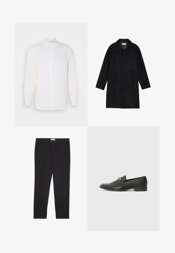 Sort frakke lavet af blød, struktureret stof. Har en krave, raglanærmer, sidelommer og en frontknaplukning.; Hvid linned skjorte med lange ærmer og knap-ned krave, med frontklap og beige knapper, glat tekstur og afslappet pasform.; Sorte bomuldsbukser med slim fit, der har to sidelommer og en knappelukning foran. Tekstureret stof med subtil detaljer.; Sorte læder loafers med en glat finish, der har et syet design og et dekorativt metal kædeaccent hen over vamps. Flad hæl.