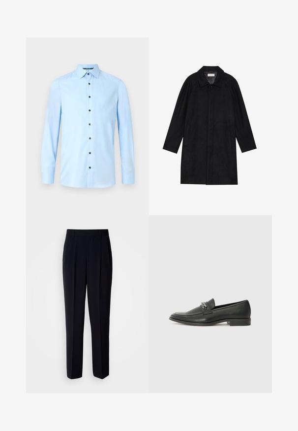 Μαύρο παλτό από μαλακό, υφασμάτινο υλικό με υφή. Διαθέτει γιακά, ράγκλαν μανίκια, πλαϊνές τσέπες και κούμπωμα με κουμπιά μπροστά.; Ανοιχτό μπλε πουκάμισο με κουμπιά φτιαγμένο από λεία ύφασμα. Διαθέτει κλασικό γιακά, μακριά μανίκια και σκούρα κουμπιά στην μπροστινή πλάκα.; Μπλε σκούρο παντελόνι με πλάγιες πιέτες, εφαρμοστή γραμμή και απαλό υλικό, με θηλιές για ζώνη και κανονική γραμμή στο πόδι.; Μαύρη δερμάτινη λοφάρα με λείο φινίρισμα, που διαθέτει ραμμένο σχέδιο και διακοσμητική μεταλλική αλυσίδα πάνω από το μπροστινό μέρος. Χαμηλή φτέρνα.