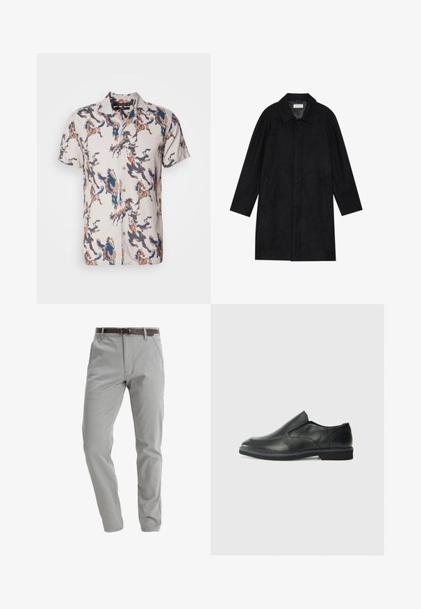 Crni kaput izrađen od mekog, teksturiranog materijala. Ima ovratnik, raglan rukave, bočne džepove i prednje dugme za zatvaranje.; Košulja kratkih rukava od laganog materijala s bež osnovom i šarenim uzorcima konja u plavim, smeškim i crnim tonovima. Dugmad sprijeda.; Svijetlosive hlače od mekanog materijala, s ravnim krojem, prednjim džepovima i smešanim kožnim remenom za pričvršćivanje.; Crne kožne cipele na sklapanje s glatkom gornjom površinom, prošivenim detaljima, zaobljenim vrhom i niskim gumene potplate. Potplat ima minimalne uzorke.