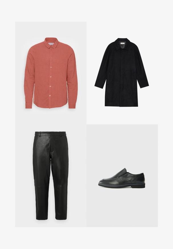 Cappotto nero realizzato in tessuto morbido e texturizzato. Caratterizzato da un colletto, maniche raglan, tasche laterali e chiusura frontale con bottoni.; Camicia a maniche lunghe in lino corallo sbiadito, caratterizzata da un colletto classico e chiusura frontale con bottoni coordinati. Tessuto morbido e vestibilità sagomata.; Pantaloni dritti in pelle nera con passanti per cintura e tasche laterali, esposti su uno sfondo chiaro e uniforme.; Scarpa nera in pelle con inserto scivolare, superiore liscio, dettagli cuciti, punta arrotondata e tacco in gomma basso. La suola presenta un battistrada minimale.