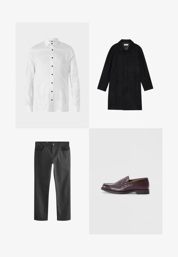 Černý kabát vyrobený z měkké, strukturované tkaniny. Má límec, raglánové rukávy, boční kapsy a přední zapínání na knoflíky.; Bílá košile s dlouhým rukávem a zapínáním na knoflíky, která má černé knoflíky, klasický límec a hladkou strukturu, navržená pro přiléhavý střih.; Tmavě šedé džíny s klasickým střihem rovného nohavice, které mají dvě přední kapsy a zapínání na knoflík. Hladká textura a minimalistické detaily.; Burgundské kožené mokasíny s kulatou špičkou, jemným šitým detailem a nízkou černou podrážkou. Klasický design s minimálními ozdobami.