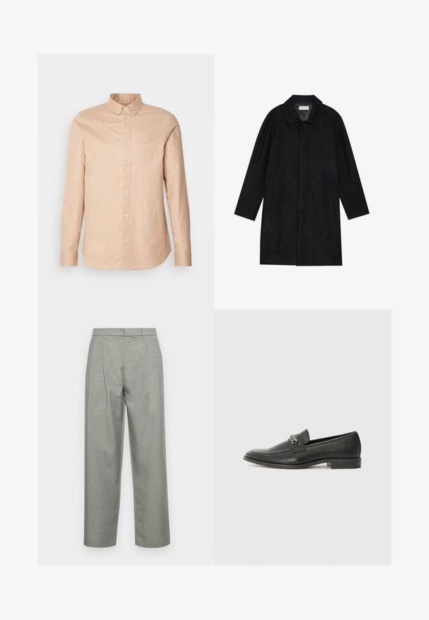 Fekete kabát puha, texturált anyagból készült. Gallérral, raglán ujjal, oldalsó zsebekkel és elülső gombos záródással rendelkezik.; Világos bézs, gombos ing, hosszú ujjakkal, pamutból készült, szűkített gallérral és kis logóval a mellkasán. Sima textúra, klasszikus kialakítás.; Szürke, fazonra készült nadrág texturált anyagból, egyenes szárú kialakítással, elöl redőkkel, és normál derékpánttal, övbujtatókkal.; Fekete bőr loaferek sima felülettel, varrott mintával és díszítő fém lánccal a cipő elején. Lapos sarok.