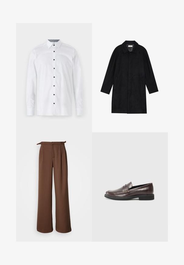 Zwarte jas gemaakt van zachte, gestructureerde stof. Beschikt over een kraag, raglanmouwen, zijzakken en een knoopsluiting aan de voorkant.; Witte langek mouw shirt van katoen, met een knoopsluiting aan de voorkant met blauwe knopen en een gemusterde binnenkraag. Soepele textuur.; Lange broek met wijde pijpen in bruin, gemaakt van een zachte stof. Heeft een hoge taille met plooien en zijstrikjes, wat zorgt voor een relaxte pasvorm en een zachte textuur.; Bruine leren loafers met een gladde afwerking, voorzien van een subtiele gestikte detail op de bovenkant en een zwarte rubberen zool.