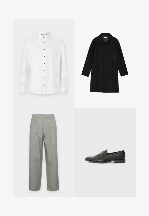 Schwarzer Mantel aus weichem, strukturiertem Stoff. Besitzt einen Kragen, Raglansärmel, seitliche Taschen und einen vorderen Knopfverschluss.; Weißes Hemd mit Knöpfen aus glattem Stoff, ausgestattet mit schwarzen Knöpfen, langen Ärmeln und einem klassischen Kragen. Weiche Textur, ohne Muster.; Graue maßgeschneiderte Hose aus strukturiertem Stoff mit geradem Bein, Bundfalten und einem Standardbund mit Gürtelschlaufen.; Schwarzer Lederloafer mit glatter Oberfläche, ausgestattet mit einer gesteppten Gestaltung und einem dekorativen Metallkettendetail über dem Vorderblatt. Flacher Absatz.