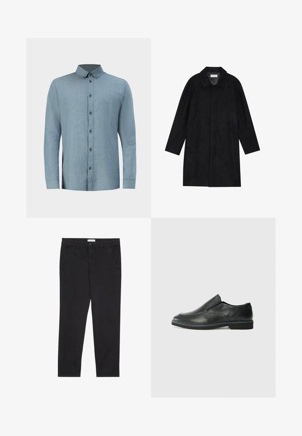 Cappotto nero realizzato in tessuto morbido e texturizzato. Caratterizzato da un colletto, maniche raglan, tasche laterali e chiusura frontale con bottoni.; Camicetta a quadri blu chiaro in cotone con colletto a bottoni, taschino singolo sul petto e maniche lunghe con polsini abbottonati.; Pantaloni neri in cotone con vestibilità slim, dotati di due tasche laterali e chiusura anteriore con bottone. Tessuto testurizzato con dettagli sottili.; Scarpa nera in pelle con inserto scivolare, superiore liscio, dettagli cuciti, punta arrotondata e tacco in gomma basso. La suola presenta un battistrada minimale.