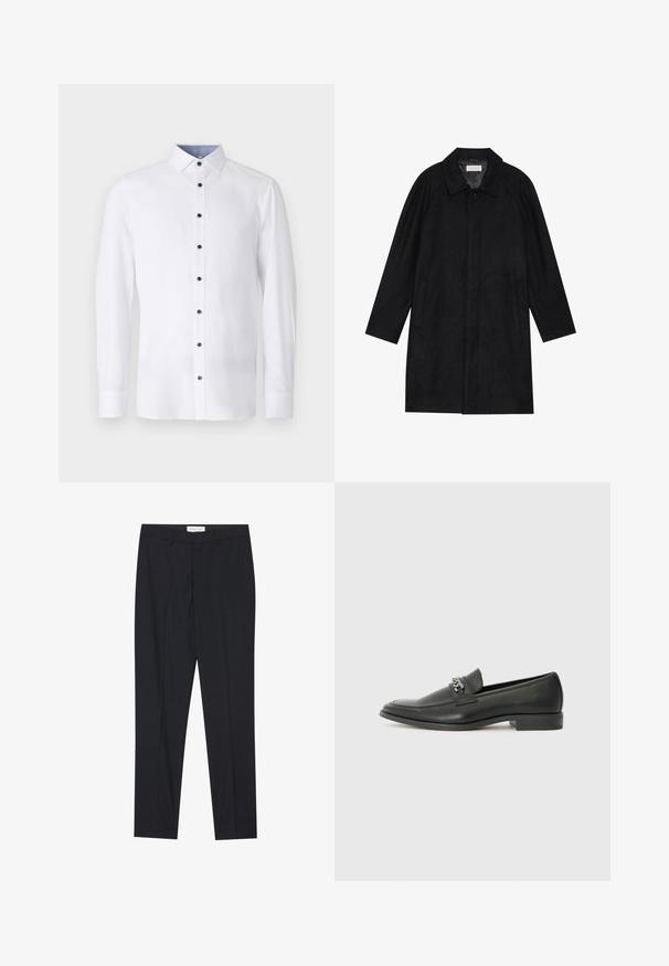 Črn plašč, izdelan iz mehkega, strukturiranega blaga. Ima ovratnik, raglan rokave, stranske žepe in sprednje zapiranje na gumbe.; Bela dolgimi rokavi s srajco s klasičnim ovratnikom, črnimi gumbi spredaj in kontrastnim svetlomodrim podrobnostim ovratnika. Gladka tekstura blaga.; Črne krojene hlače s ravnim sprednjim delom, redne kakovosti, izdelane iz gladkega materiala, z gubanjem in stranskimi žepi.; Črni usnjeni loafer z gladko površino, ki ima šivano zasnovo in dekorativni kovinski verižni naglas preko vampirja. Ravno peto.