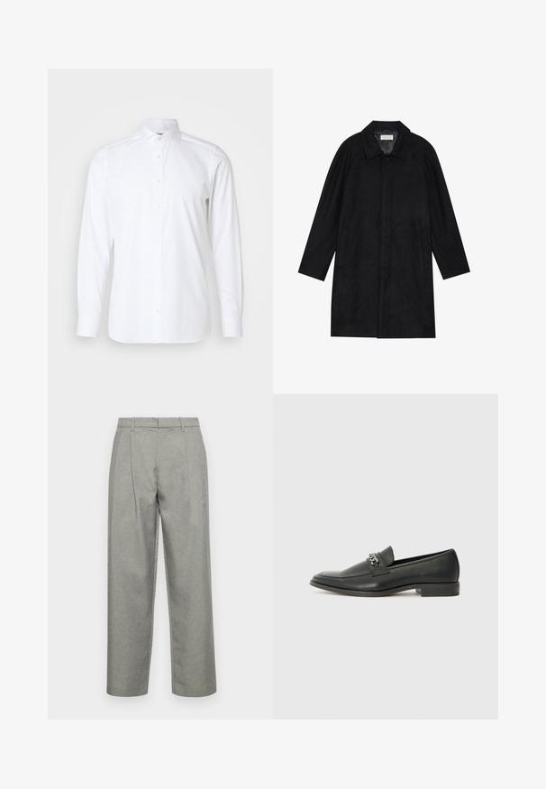 Manteau noir en tissu doux et texturé. Présente un col, des manches raglan, des poches latérales et une fermeture à boutons sur le devant.; Chemise blanche à manches longues en tissu lisse, avec un col classique, une patte de boutonnage et une coupe ajustée. Sans motifs ni accents.; Pantalons gris sur mesure en tissu texturé, avec une coupe droite, des plis avant et une taille standard avec passants de ceinture.; Mocassin en cuir noir avec une finition lisse, présentant un design cousu et une accent décoratif en chaîne métallique sur le rand. Talon plat.
