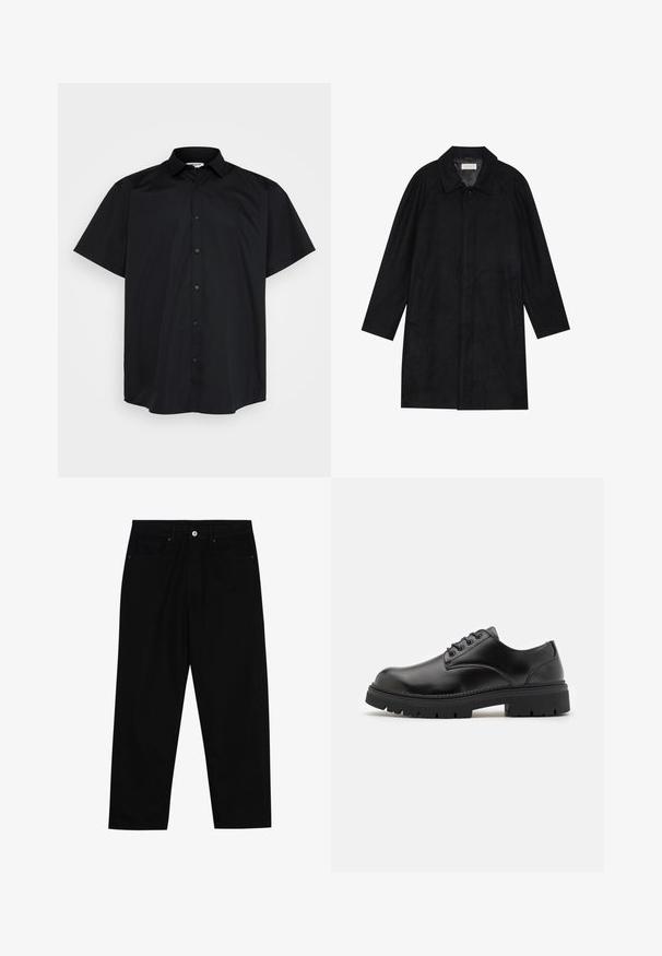 Czarny płaszcz wykonany z miękkiego, teksturowanego materiału. Posiada kołnierz, rękawy raglanowe, boczne kieszenie oraz zapięcie na guziki z przodu.; Czarna koszula z krótkim rękawem, zapinana na guziki, wykonana z gładkiego materiału, z klasycznym kołnierzykiem i luźnym krojem.; Czarne spodnie dżinsowe w klasycznym kroju prostym, z pięcioma kieszeniami i zapięciem na guzik z przodu. Gładka tekstura z minimalnymi detalami szwy.; Czarne skórzane buty z zaokrąglonym czubkiem, na sznurówki, z grubą, teksturowaną gumową podeszwą. Cecha to przeszycia wzdłuż krawędzi oraz gładkie wykończenie.
