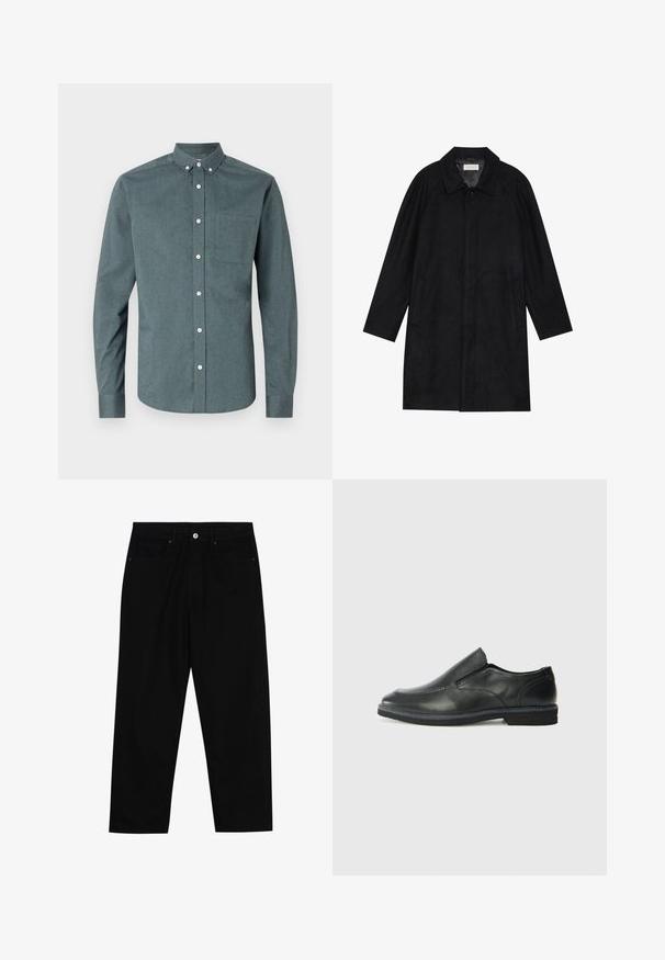 Svart frakk laget av myk, teksturert stoff. Har krage, raglanermer, sidelommer og forsterket knappelukking foran.; Knappskjorte i mørk teal, lange ermer, knapp-ned krage, enkelt brystlomme, med hvite knapper og en teksturert stoff.; Sorte denimbukser med rett benklipp, fem-lomme design og frontknappåpning. Jevn tekstur med minimale sømdetaljer.; Sorte skinn slip-on sko med en jevn overflate, stikking detaljer, rund tå og en lav gummihæl. Sålen har minimal mønstring.