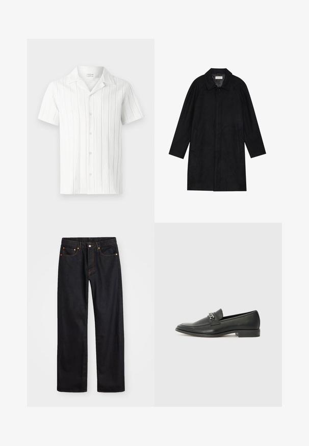 Juodas paltas, pagamintas iš minkštos, tekstūruotos medžiagos. Su apykakle, raglan rankovėmis, šoninėmis kišenėmis ir priekinėmis mygtukų uždarymo detalėmis.; Balta trumpomis rankovėmis marškiniai su vertikaliomis tekstūruotomis linijomis, su išpjauta apykakle ir penkiomis mygtukais priekyje, pagaminti iš lengvos medžiagos.; Vyrų tiesaus kirpimo juodi džinsai iš denim medžiagos, su penkiomis kišenėmis ir oranžinėmis siūlėmis, su mygtuko ir užtrauktuko uždarymu ant priekio.; Juodos odinės loafer tipo bateliai su lygiu paviršiumi, turintys siuvinėtą dizainą ir dekoratyvų metalo grandinėlės akcentą ant batų viršaus. Plokščias kulnas.