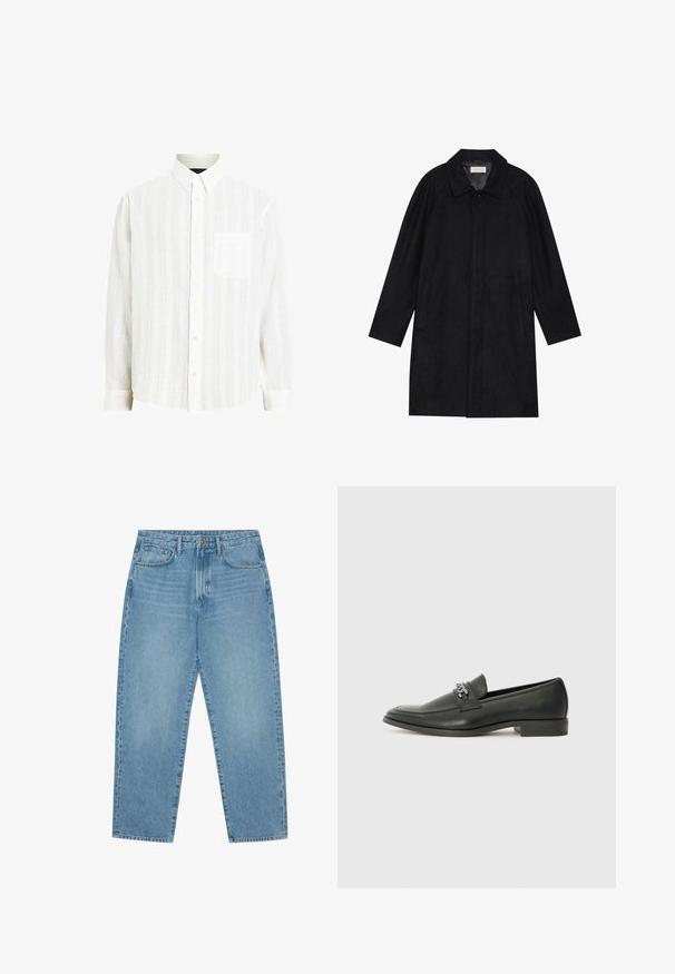 Cappotto nero realizzato in tessuto morbido e texturizzato. Caratterizzato da un colletto, maniche raglan, tasche laterali e chiusura frontale con bottoni.; Camicia bianca con bottoni, caratterizzata da un motivo a righe testurizzato, maniche lunghe e taschino sul petto; presenta un colletto classico e chiusura con bottoni.; Jeans a gamba larga in denim azzurro chiaro con vita alta, dotati di cinque tasche, passanti per cintura e una consistenza morbida e leggermente sbiadita.; Mocassino in pelle nera con finitura liscia, caratterizzato da un design cucito e da un accento decorativo in catena metallica sul vamp. Tacco piatto.