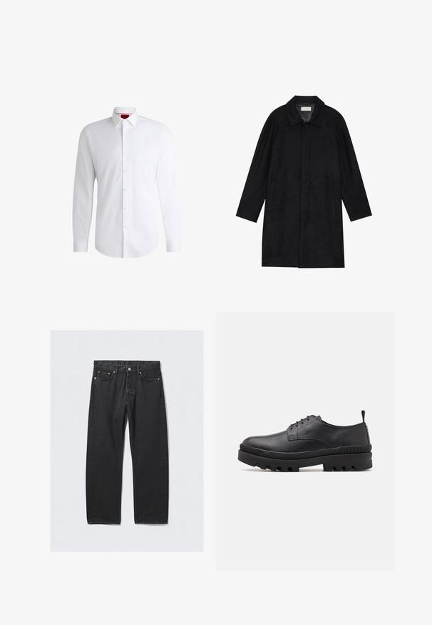 Manteau noir en tissu doux et texturé. Présente un col, des manches raglan, des poches latérales et une fermeture à boutons sur le devant.; Chemise blanche à manches longues en tissu lisse avec un col classique et un ourlet arrondi. Présente des boutons beiges à l'avant.; Jeans en denim noir avec une coupe droite, dotés d'un bouton d'ouverture, de cinq poches et d'accents en métal cuivré. Texture lisse.; Chaussure en cuir noir avec un bout arrondi, un laçage et une semelle en caoutchouc épaisse. Possède une languette au talon et des accents texturés.