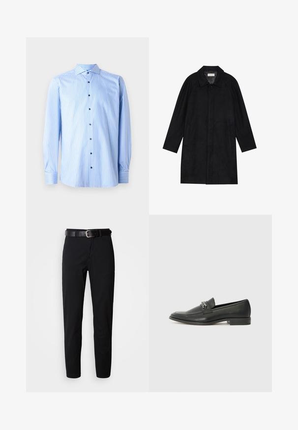 Černý kabát vyrobený z měkké, strukturované tkaniny. Má límec, raglánové rukávy, boční kapsy a přední zapínání na knoflíky.; Svetle modrá košile na knoflíky s bílými vertikálními pruhy, dlouhými rukávy a rozhaleným límcem. Obsahuje modré knoflíky a akcenty na manžetách.; Černé kalhoty s rovný střih, s hladkým povrchem a černým koženým pásem se stříbrnou sponou. Jednoduchý design, bez vzorů nebo doplňků.; Černé kožené mokasíny s hladkým povrchem, s prošívaným designem a dekoračním kovovým řetízkem přes nárt. Plochý podpatek.