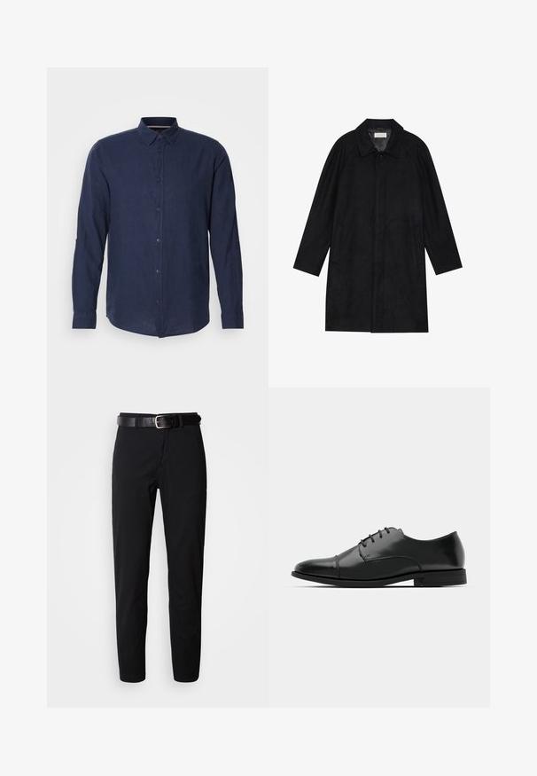 Crni kaput izrađen od mekog, teksturiranog materijala. Ima ovratnik, raglan rukave, bočne džepove i prednje dugme za zatvaranje.; Tamno mornarskoplavi dukserica dugih rukava od lagane tkanine, s kragnom na dugme, prednjim dugmadi i zavrnutim manžetama za prilagodljivu veličinu.; Crne hlače ravnog kroja, s glatkom teksturom i crnim kožnim remenom sa srebrnom kopčom. Jednostavan dizajn, bez uzoraka ili akcenta.; Crne kožne cipele s okruglim prstom, s vezanjem, suptilnim detaljima šivanja i niskim potplatima. Glatka tekstura s poliranim finišem.