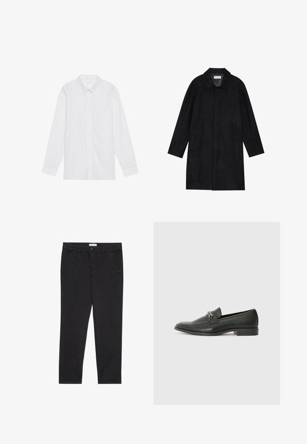Manteau noir en tissu doux et texturé. Présente un col, des manches raglan, des poches latérales et une fermeture à boutons sur le devant.; Chemise blanche à boutons avec de fines rayures verticales noires, dotée d'un col classique et de manches longues avec des poignets à boutons.; Pantalon en coton noir à coupe slim, avec deux poches latérales et une fermeture à bouton à l'avant. Tissu texturé avec des détails subtils.; Mocassin en cuir noir avec une finition lisse, présentant un design cousu et une accent décoratif en chaîne métallique sur le rand. Talon plat.