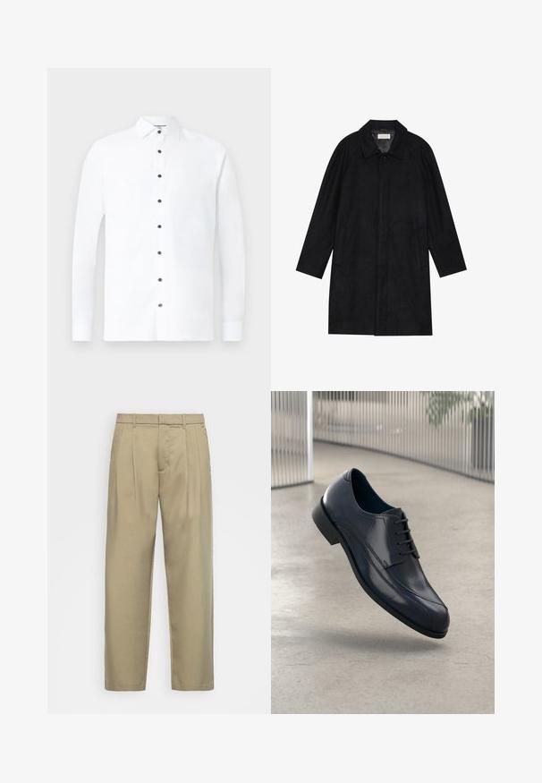Crni kaput izrađen od mekog, teksturiranog materijala. Ima ovratnik, raglan rukave, bočne džepove i prednje dugme za zatvaranje.; Bijela košulja dugih rukava od pamuka, s klasičnom kragnom, crnim dugmadi za zatvaranje i dugmadima na manžetama. Glatka tekstura s minimalnim dizajnom.; Bež hlače visokog struka s ravnim krojem, s ravnim prednjim dijelom, bočnim džepovima i glatkom, teksturiranom tkaninom.; Sjajna crna kožna cipelica s vezicama, koja lebdi iznad glatkog, svijetlosive podloge i vertikalnih metalnih šipki u pozadini.