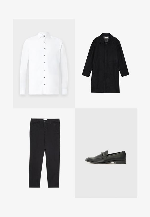 Črn plašč, izdelan iz mehkega, strukturiranega blaga. Ima ovratnik, raglan rokave, stranske žepe in sprednje zapiranje na gumbe.; Bela srajca z dolgimi rokavi iz bombaža, ki ima klasičen ovratnik, črne gumbke in gumbnice na manšeti. Gladka tekstura z minimalnim dizajnom.; Črne bombažne hlače s slim fit krojem, z dvema stranskima žepoma in sprednjim gumbom za zapiranje. Teksturirano blago z nežnimi detajli.; Črni usnjeni loafer z gladko površino, ki ima šivano zasnovo in dekorativni kovinski verižni naglas preko vampirja. Ravno peto.