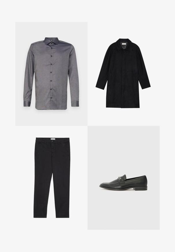 Schwarzer Mantel aus weichem, strukturiertem Stoff. Besitzt einen Kragen, Raglansärmel, seitliche Taschen und einen vorderen Knopfverschluss.; Langärmliges, knöpfbares Hemd in Dunkelgrau, mit strukturierter Oberfläche, spitzen Kragen und sechs schwarzen Knöpfen an der Vorderseite. Weicher Stoff.; Schwarze Baumwollhose im Slim-Fit-Stil mit zwei seitlichen Taschen und einem vorderen Knopfverschluss. Strukturierter Stoff mit subtilen Details.; Schwarzer Lederloafer mit glatter Oberfläche, ausgestattet mit einer gesteppten Gestaltung und einem dekorativen Metallkettendetail über dem Vorderblatt. Flacher Absatz.