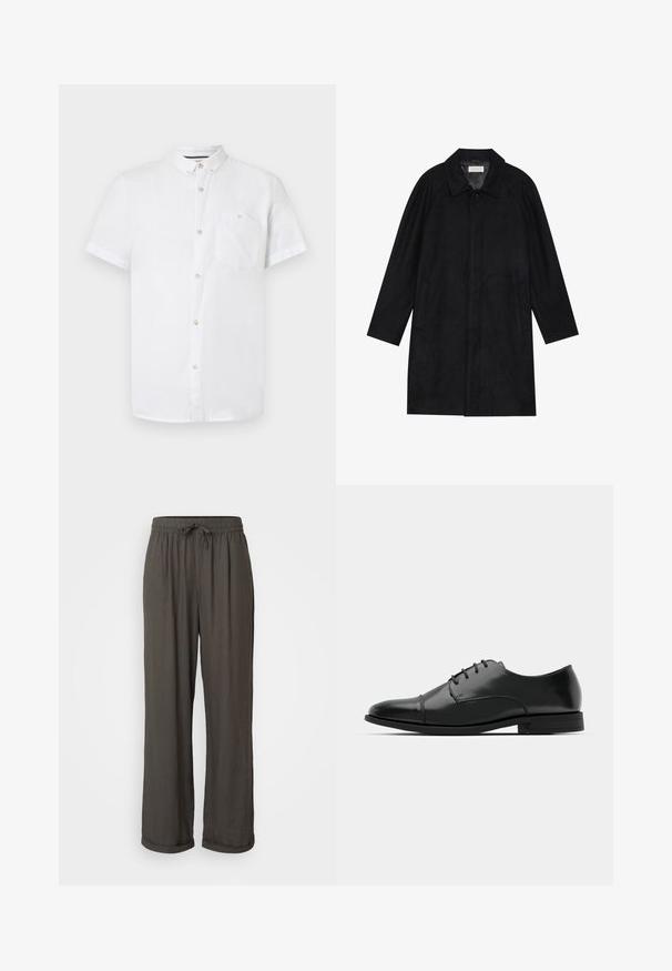 Musta takki, joka on valmistettu pehmeästä, teksturoidusta kankaasta. Sieltä löytyy kaulus, raglanhihat, sivutaskut ja etupainike.; Lyhythihainen valkoinen puuvillapaita, jossa on napillinen kaulus, rintatasku ja puunappi-yksityiskohtia. Sileä pinta.; Tummanharmaat leveälahkeiset housut, joissa on nyöri vyötäröllä, valmistettu pehmeästä, tekstuuripinnoitetusta kankaasta, ja joissa on käänteet nilkoissa.; Musta nahkakengät, joissa on pyöristetty varvas, nauhakiinnitys, hienovaraiset ompeluyksityiskohdat ja matala korko. Sujuva pinta kiillotetulla viimeistelyllä.