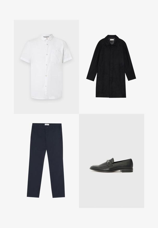 Svart frakk laget av myk, teksturert stoff. Har krage, raglanermer, sidelommer og forsterket knappelukking foran.; Kortermet hvit skjorte laget av bomull, med krage som kan kneppes ned, lommer foran, og detaljer med treknapper. Silkeaktig tekstur.; Marineblå chinos laget av bomull med en glatt tekstur, med glidelås, beltehemper og sidelommer for funksjonalitet.; Sorte skinnloafers med en glatt finish, og med en sydd design og en dekorativ metallkjedeakcent over foten. Flat hæl.