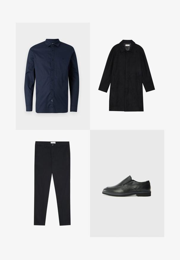 Juodas paltas, pagamintas iš minkštos, tekstūruotos medžiagos. Su apykakle, raglan rankovėmis, šoninėmis kišenėmis ir priekinėmis mygtukų uždarymo detalėmis.; Tamsiai mėlyna ilgarankovė marškinėlių, pagaminta iš medvilnės, su mygtukais užsegamu apykakle, priekiu su mygtukais ir subtiliu logotipu ant krūtinės.; Juodos kelnes su tiesia kojos linija, pagamintos iš medvilnės audinio. Yra dvi priekinės kišenės ir mygtuko užsegimas juosmenyje.; Juodai odiniai įtvirtinimo batai su lygiu paviršiumi, siuvinėjimo akcentais, apvalia nosimi ir žemu guminiu kulnu. Pado raštas minimalus.