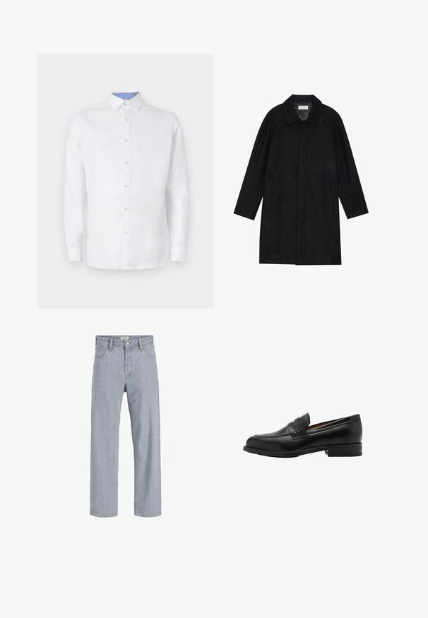Černý kabát vyrobený z měkké, strukturované tkaniny. Má límec, raglánové rukávy, boční kapsy a přední zapínání na knoflíky.; Bílá košile s dlouhým rukávem a knoflíkovým zapínáním, s světle modrou kostkovanou látkou uvnitř límce a manžet. Hladká textilie.; Světlé modré denimové džíny s uvolněným střihem, rovnými nohavicemi, viditelným šitím, dvěma předními kapsami a zapínáním na knoflík.; Černé kožené mokasíny s prošitým předním dílem a plochým podpatkem. Hladký povrch s kulatou špičkou a dekorativním páskem přes nárt.