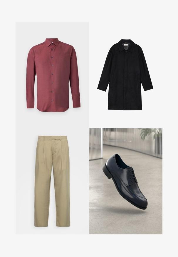 Melnā jaka, izgatavota no mīksta, teksturēta auduma. Ar apkakli, raglāna piedurknēm, sānu kabatām un priekšējo pogu aizdari.; Garās piedurknes, pogājama krekls bordo audumā ar teksturētu rakstu un tumši ziliem pogām; iekļauj izteiktu apkakli un taisnu apakšmalu.; Bēša, augstās jostas bikses ar taisnu piegriezumu, ar plakanu priekšpusi, sānu kabatām un gludu, teksturētu audumu.; Spīdīga melna ādas svinīgā kurpe ar auklēm, kas karājas virs gludas, gaiši pelēkas grīdas un vertikālām metaliskām stangām fona.