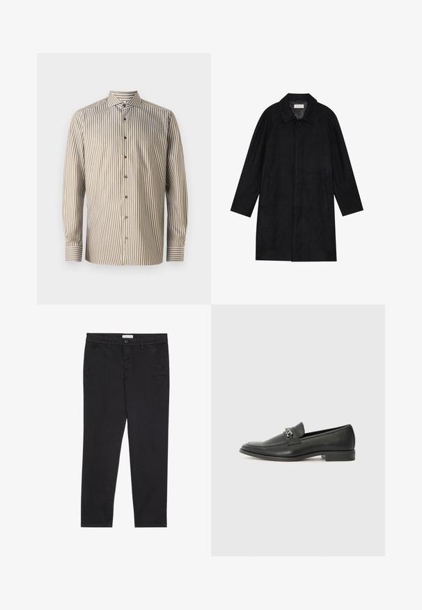 Melnā jaka, izgatavota no mīksta, teksturēta auduma. Ar apkakli, raglāna piedurknēm, sānu kabatām un priekšējo pogu aizdari.; Svītrota krekla ar pogām brūnā un baltā krāsā, garām piedurknēm, klasiskā apkakle, ar vertikālām svītrām un kontrastējošu aproču apdari.; Melni kokvilnas bikses ar šauru piegriezumu, kurām ir divas sānu kabatas un priekšējā pogu aizdare. Tekstūrēta auduma ar smalku detalizāciju.; Melna ādas loafer izmēra apavi ar gludu virsmu, piedāvā ar šūtu dizainu un dekoratīvu metāla ķēdes akcentu pār vampu. Plakana papēža daļa.