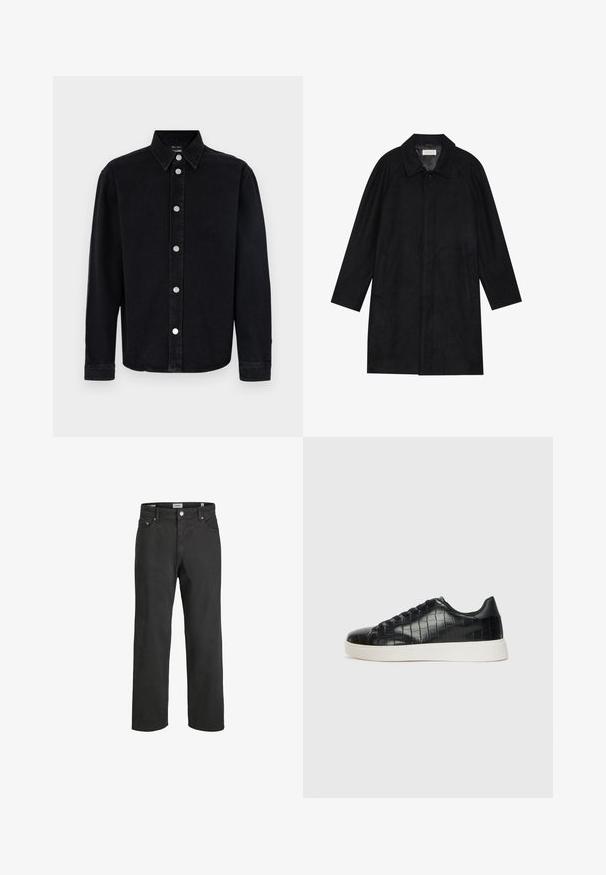 Zwarte jas gemaakt van zachte, gestructureerde stof. Beschikt over een kraag, raglanmouwen, zijzakken en een knoopsluiting aan de voorkant.; Zwarte denim shirt met lange mouwen, button-down kraag en zilverkleurige hardware. Heeft een rechte snit en een effen textuur.; Zwarte rechte jeans van katoen, met een klassieke vijf-pocketontwerp, knoopsluiting en subtiele stiksels.; Zwarte sneakers met een gestructureerde leren bovenkant met krokodilpatroon, een ronde neus en een contrasterende witte rubberen zool met een gladde afwerking.