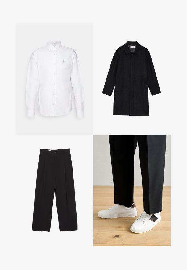 Schwarzer Mantel aus weichem, strukturiertem Stoff. Besitzt einen Kragen, Raglansärmel, seitliche Taschen und einen vorderen Knopfverschluss.; Weißes Hemd aus Baumwolle mit Knopfleiste. Verfügt über einen spitzen Kragen, lange Ärmel und hellbraune Knöpfe. Kleines gesticktes Logo auf der Brust.; Schwarze weit geschnittene Hose aus glattem Stoff, mit flachem Taillenbund, vorderen Falten und einer einzigen Knopfverschlus.; Weiße Sneakers mit glatter Textur, versehen mit braunen Lederakzenten und schwarzen Details, kombiniert mit schwarzen maßgeschneiderten Hosen. Hintergrund aus Holzboden.