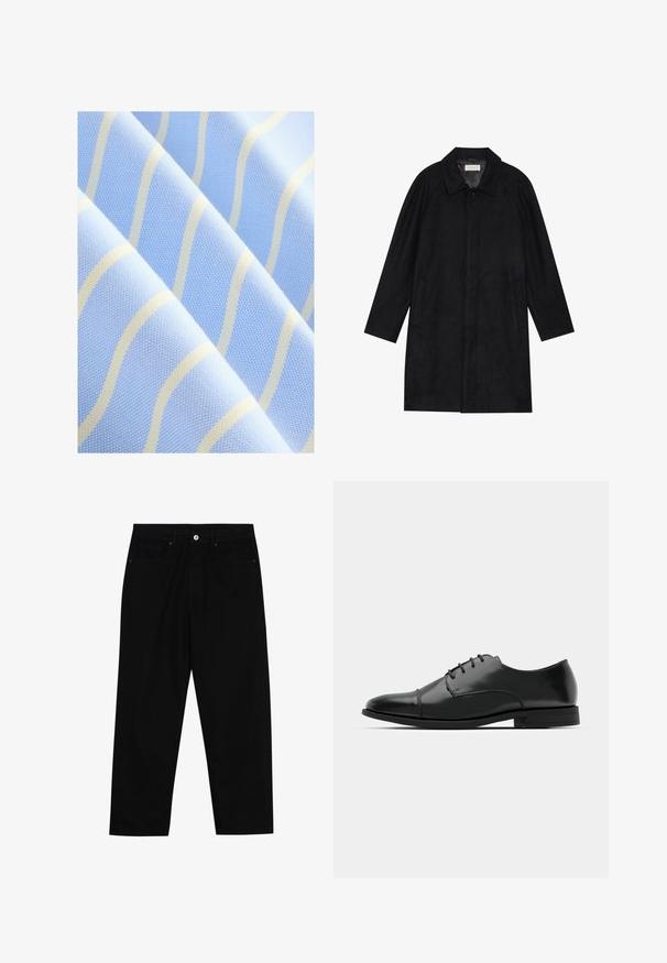 Černý kabát vyrobený z měkké, strukturované tkaniny. Má límec, raglánové rukávy, boční kapsy a přední zapínání na knoflíky.; Světle modrá tkanina s tenkými, vlnitými bílými pruhy. Texturovaný povrch se jemným vzorem, který vyzařuje hladký a jemný vzhled.; Černé džíny s rovně střiženými nohavicemi, designem pěti kapes a předním zapínáním na knoflík. Hladký povrch s minimem švových detailů.; Černé kožené společenské boty s kulatou špičkou, šněrováním, jemnými švy a nízkým podpatkem. Hladký povrch s lesklým finišem.