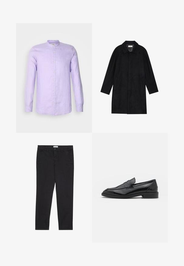 Musta takki, joka on valmistettu pehmeästä, teksturoidusta kankaasta. Sieltä löytyy kaulus, raglanhihat, sivutaskut ja etupainike.; Pitkähihainen nappikauluspaita vaaleanlilatasta pellavasta, jossa on pystykaulus ja etunappisuljenta. Sujuva rakenne ja rento istuvuus.; Mustat puuvillahousut, joissa on kapea malli, kahdella sivutaskulla ja edessä nappisuljenta. Rakenteellinen kangas hienovaraisilla yksityiskohdilla.; Musta nahkakengät, joissa on sileä pinta, pyöristetty varvas ja kapea nauha päällä. Matala paksu kanta.