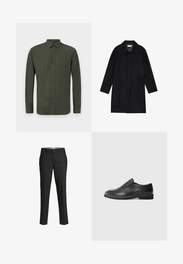Crni kaput izrađen od mekog, teksturiranog materijala. Ima ovratnik, raglan rukave, bočne džepove i prednje dugme za zatvaranje.; Tamnozeleno dugoročno košulja na dugmadi s ovratnikom, prikazana ravno na bijeloj pozadini.; Crne hlače, krojene u prilagodljivom fitu, glatka tkanina, srednji struk, prednje kopčanje na dugme, dijagonalni džepovi i pregibi duž nogu.; Crne kožne cipele na sklapanje s glatkom gornjom površinom, prošivenim detaljima, zaobljenim vrhom i niskim gumene potplate. Potplat ima minimalne uzorke.