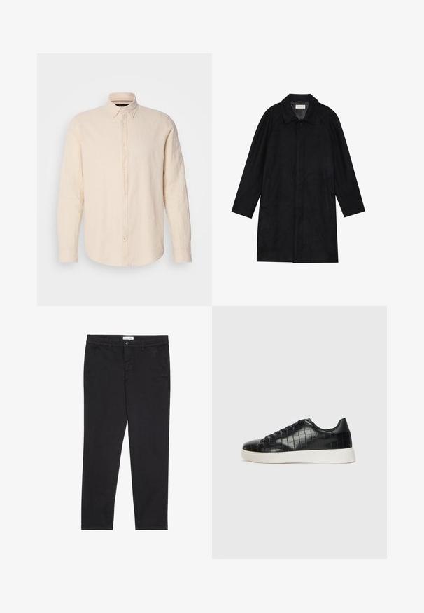 Musta takki, joka on valmistettu pehmeästä, teksturoidusta kankaasta. Sieltä löytyy kaulus, raglanhihat, sivutaskut ja etupainike.; Pitkähihainen napitettava paita vaaleanbeigeä pellavaa, jossa on kaulus, hieman teksturoitu kangas ja samaan sävyyn sopivat napit.; Mustat puuvillahousut, joissa on kapea malli, kahdella sivutaskulla ja edessä nappisuljenta. Rakenteellinen kangas hienovaraisilla yksityiskohdilla.; Musta lenkkarit, joissa on teksturoitu krokotiililla kohokuvioitu nahkapinta, pyöristetty varvas ja erottuva valkoinen kumipohja, jossa on sileä pinta.